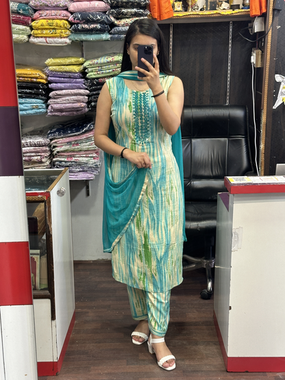 Mirror Work Tie & Dye Very Soft Ryon Cotton Pant Suit with Chiffon Dupatta(Full sleeves attached inside)