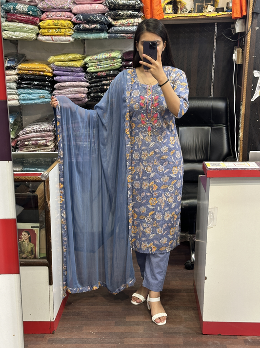 Beautiful pure cotton printed kurta pant suit neck hand embroidered mirror work along side Chiffon dupatta