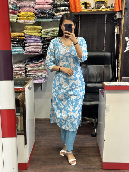 Sky Blue Pure Cotton Embroidered V Neck Printed Pant Suit With Pure Dupatta