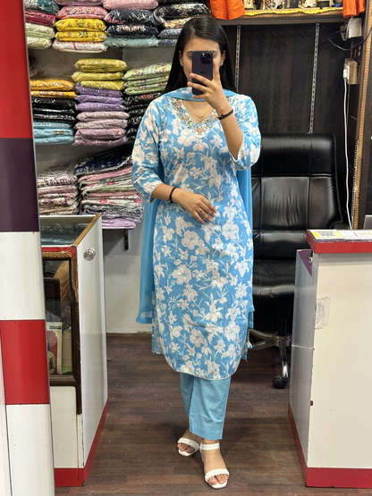 Sky Blue Pure Cotton Embroidered V Neck Printed Pant Suit With Pure Dupatta