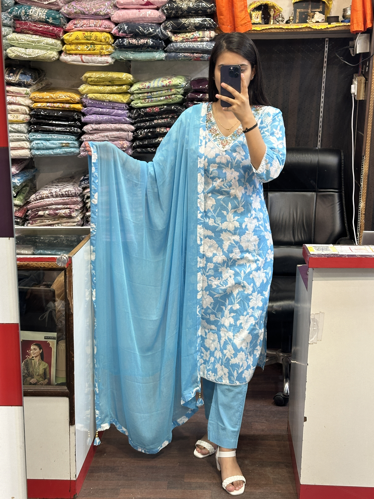 Sky Blue Pure Cotton Embroidered V Neck Printed Pant Suit With Pure Dupatta