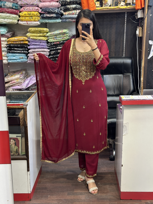 Maroon Pure Georgette Hand Work Heavy Party Wear Palazo Suit  with Dupatta