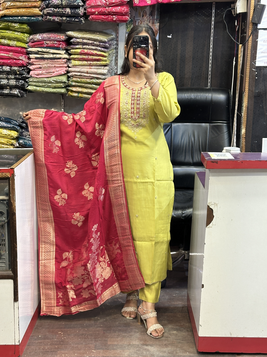 Silk Slub Suit with Machine Work in Neckline with Cotton Lining with Pant & Contrast Full Banarsi Dupatta