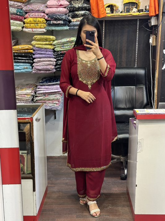 Maroon Pure Georgette Hand Work Heavy Party Wear Palazo Suit with Dupatta