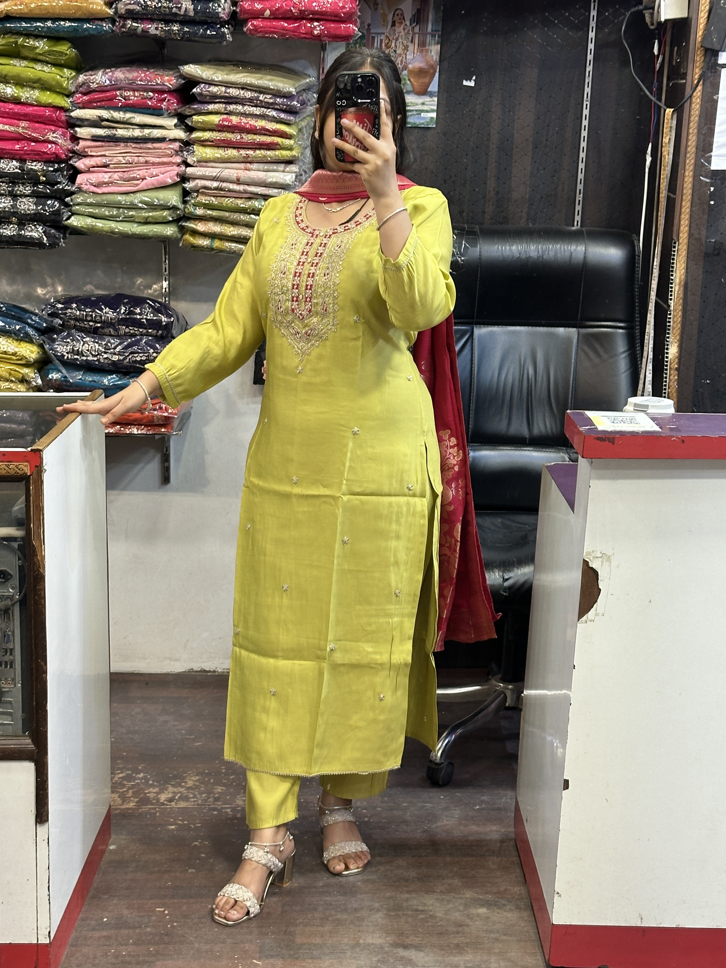 Silk Slub Suit with Machine Work in Neckline with Cotton Lining with Pant & Contrast Full Banarsi Dupatta