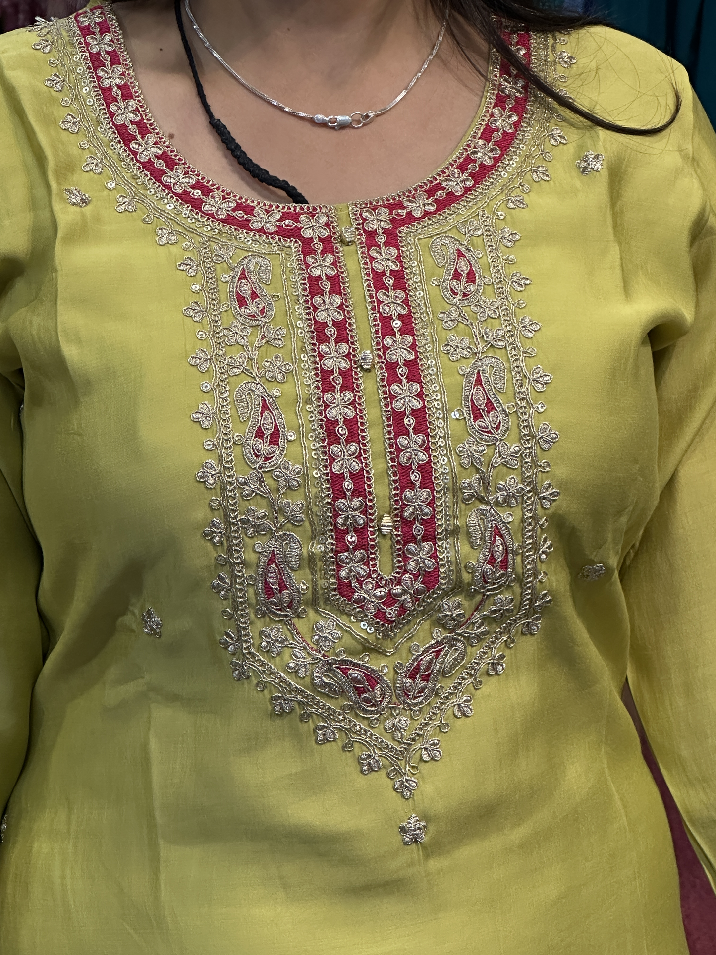 Silk Slub Suit with Machine Work in Neckline with Cotton Lining with Pant & Contrast Full Banarsi Dupatta