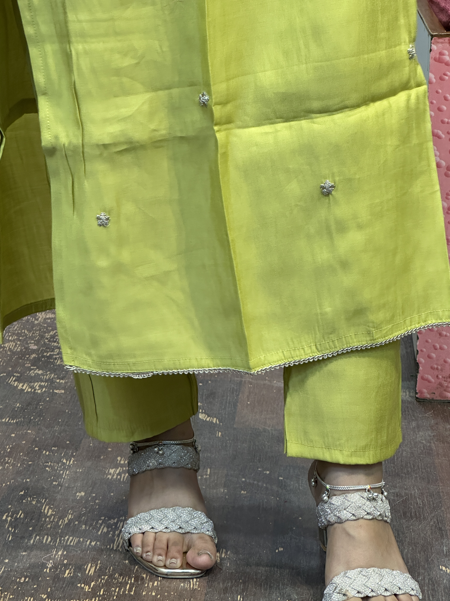 Silk Slub Suit with Machine Work in Neckline with Cotton Lining with Pant & Contrast Full Banarsi Dupatta