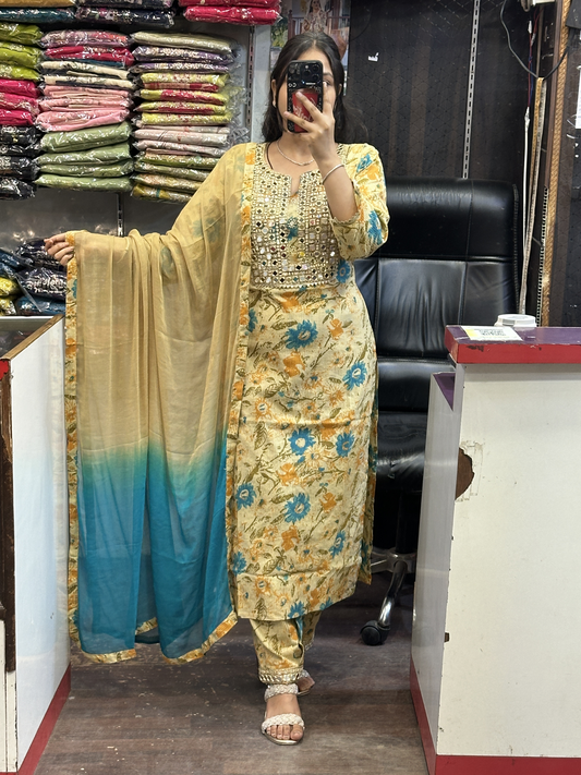 Premium Cotton Printed Mirror Work Embroidered Suit with Mirror Work Pant and Full Double Shade Dupatta