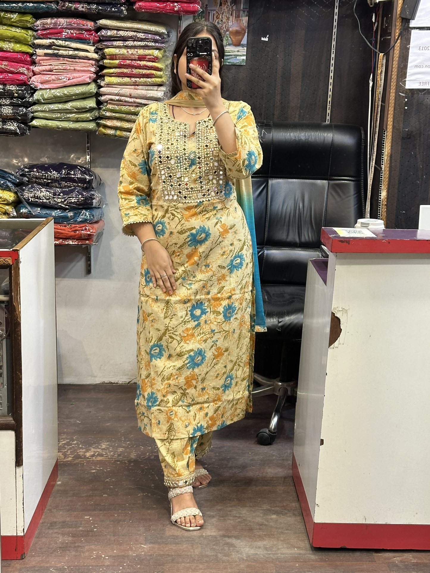 Premium Cotton Printed Mirror Work Embroidered Suit with Mirror Work Pant and Full Double Shade Dupatta