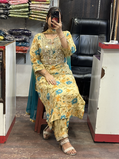 Premium Cotton Printed Mirror Work Embroidered Suit with Mirror Work Pant and Full Double Shade Dupatta