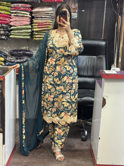 Premium Cotton Printed Lace Work Pakistani Suit with Pant and Full Dupatta