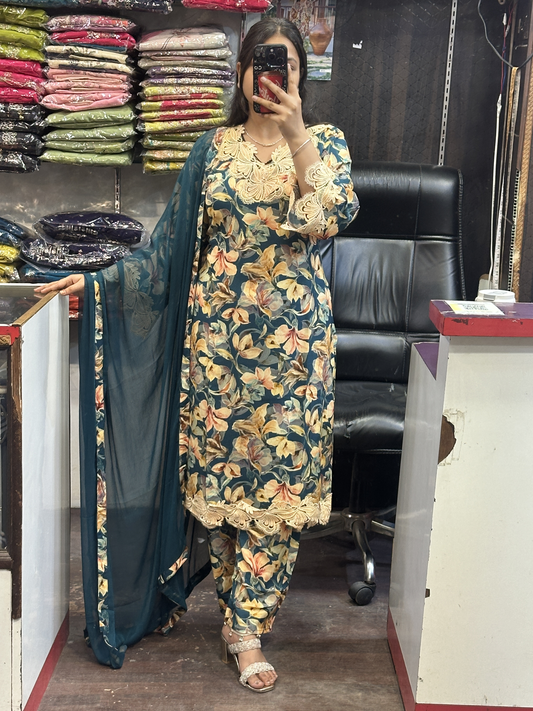 Premium Cotton Printed Lace Work Pakistani Suit with Pant and Full Dupatta
