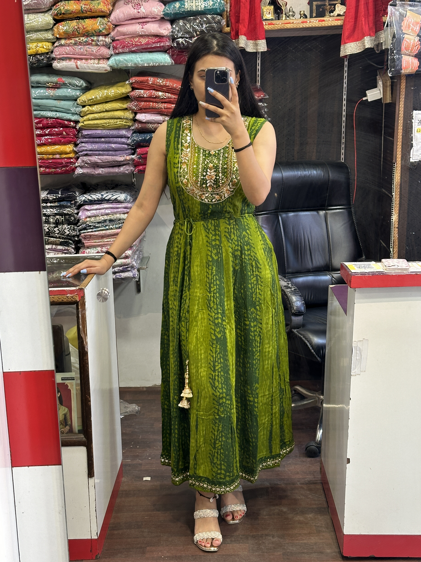 Beautiful Mehandi Green Original Mirror Work Ryon Cotton Printed 2pc Set with Dupatta ( Full Sleeves attached inside)