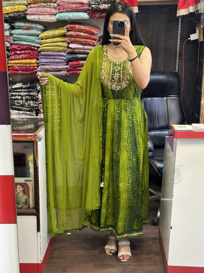 Beautiful Mehandi Green Original Mirror Work Ryon Cotton Printed 2pc Set with Dupatta ( Full Sleeves attached inside)