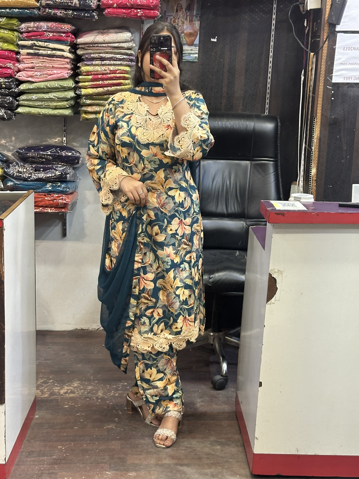 Premium Cotton Printed Lace Work Pakistani Suit with Pant and Full Dupatta