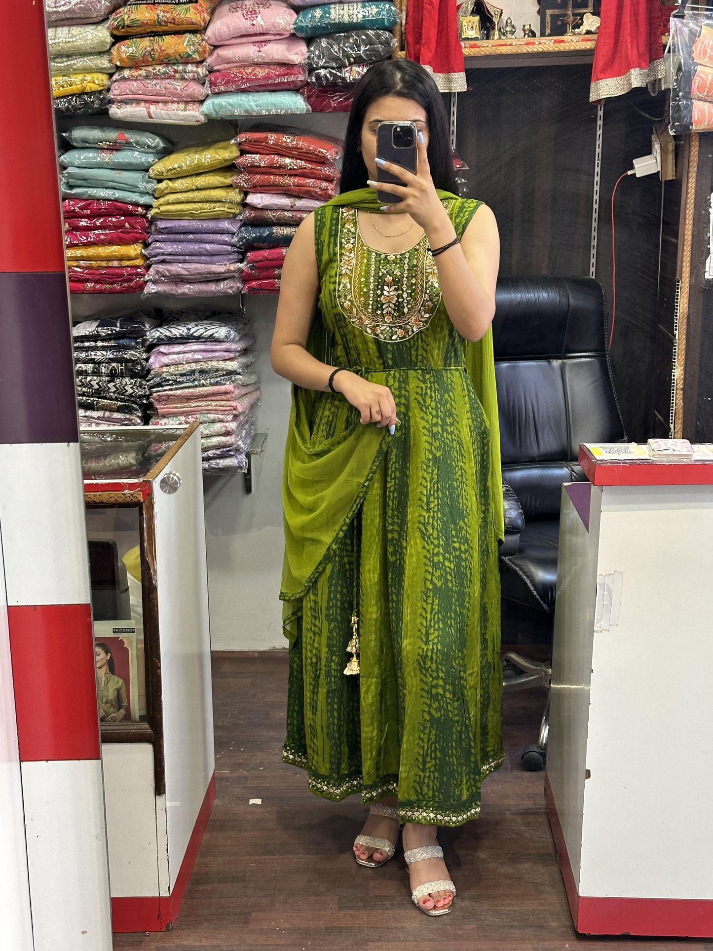 Beautiful Mehandi Green Original Mirror Work Ryon Cotton Printed 2pc Set with Dupatta ( Full Sleeves attached inside)