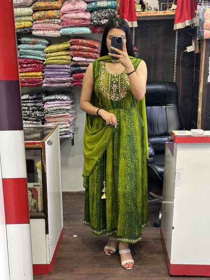 Beautiful Mehandi Green Original Mirror Work Ryon Cotton Printed 2pc Set with Dupatta ( Full Sleeves attached inside)