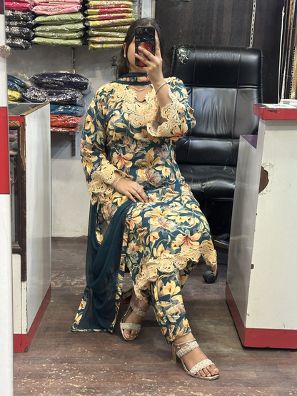 Premium Cotton Printed Lace Work Pakistani Suit with Pant and Full Dupatta