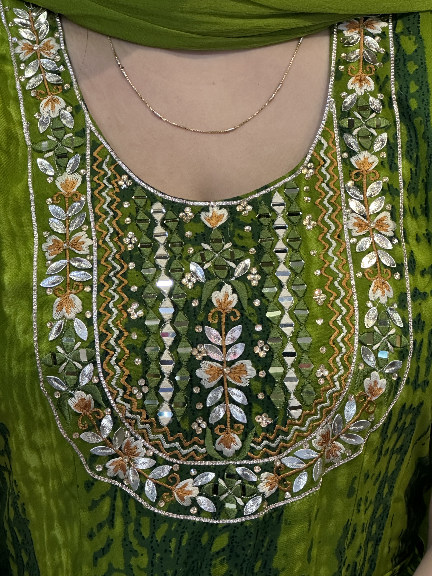 Beautiful Mehandi Green Original Mirror Work Ryon Cotton Printed 2pc Set with Dupatta ( Full Sleeves attached inside)