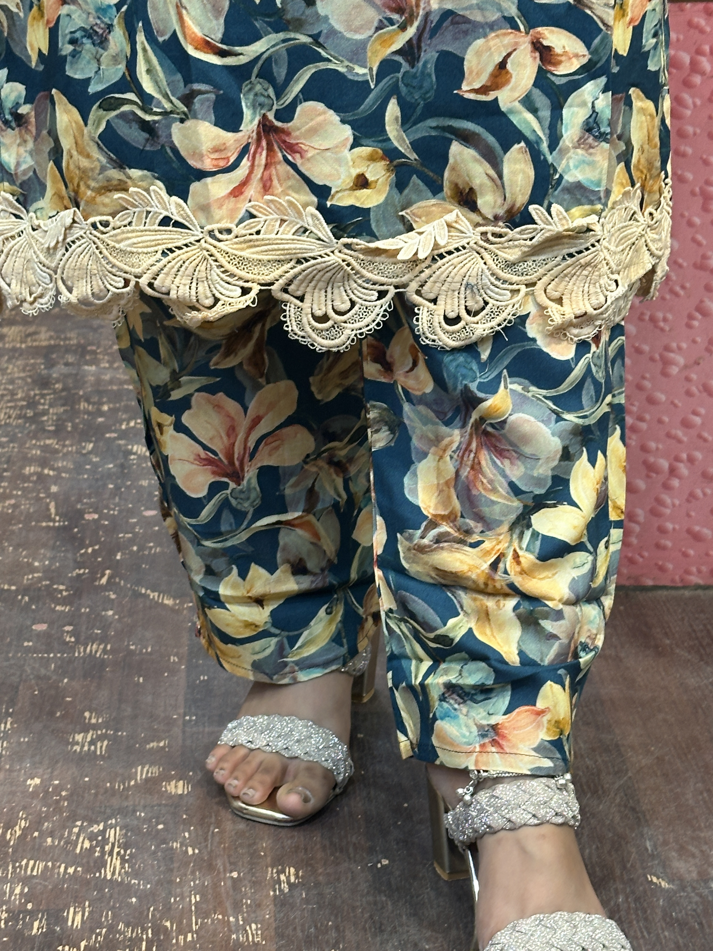 Premium Cotton Printed Lace Work Pakistani Suit with Pant and Full Dupatta