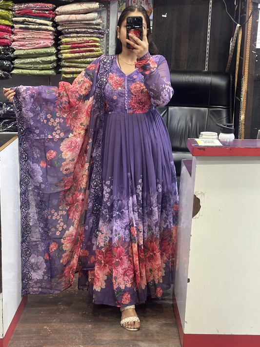 Dark Lavender Soft Chiffon Floral Print Full Flair Anarkali Suit with Hand Embroidery Work on Neck & Embroidered Organza Dupatta