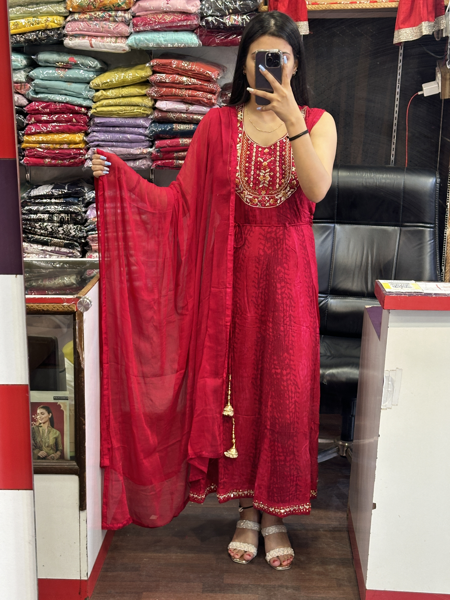 Beautiful Meganta Original Mirror Work Ryon Cotton Printed 2pc Set with Dupatta ( Full Sleeves attached inside)