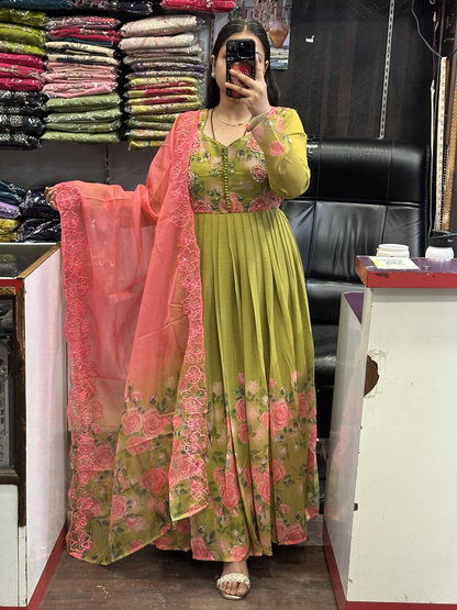 Green Soft Chiffon Floral Print Full Flair Anarkali Suit with Hand Embroidery Work on Neck & Contrast Embroidered Organza Dupatta