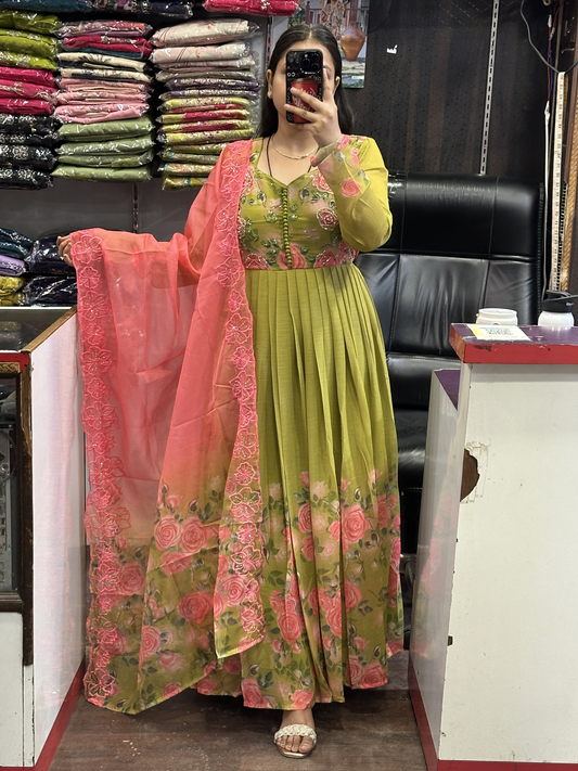 Green Soft Chiffon Floral Print Full Flair Anarkali Suit with Hand Embroidery Work on Neck & Contrast Embroidered Organza Dupatta