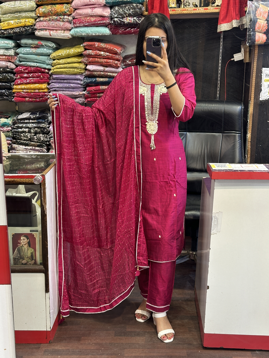 Pink Cotton Silk Handwork Embroidered Kurta Pant Suit with Muslin Dupatta