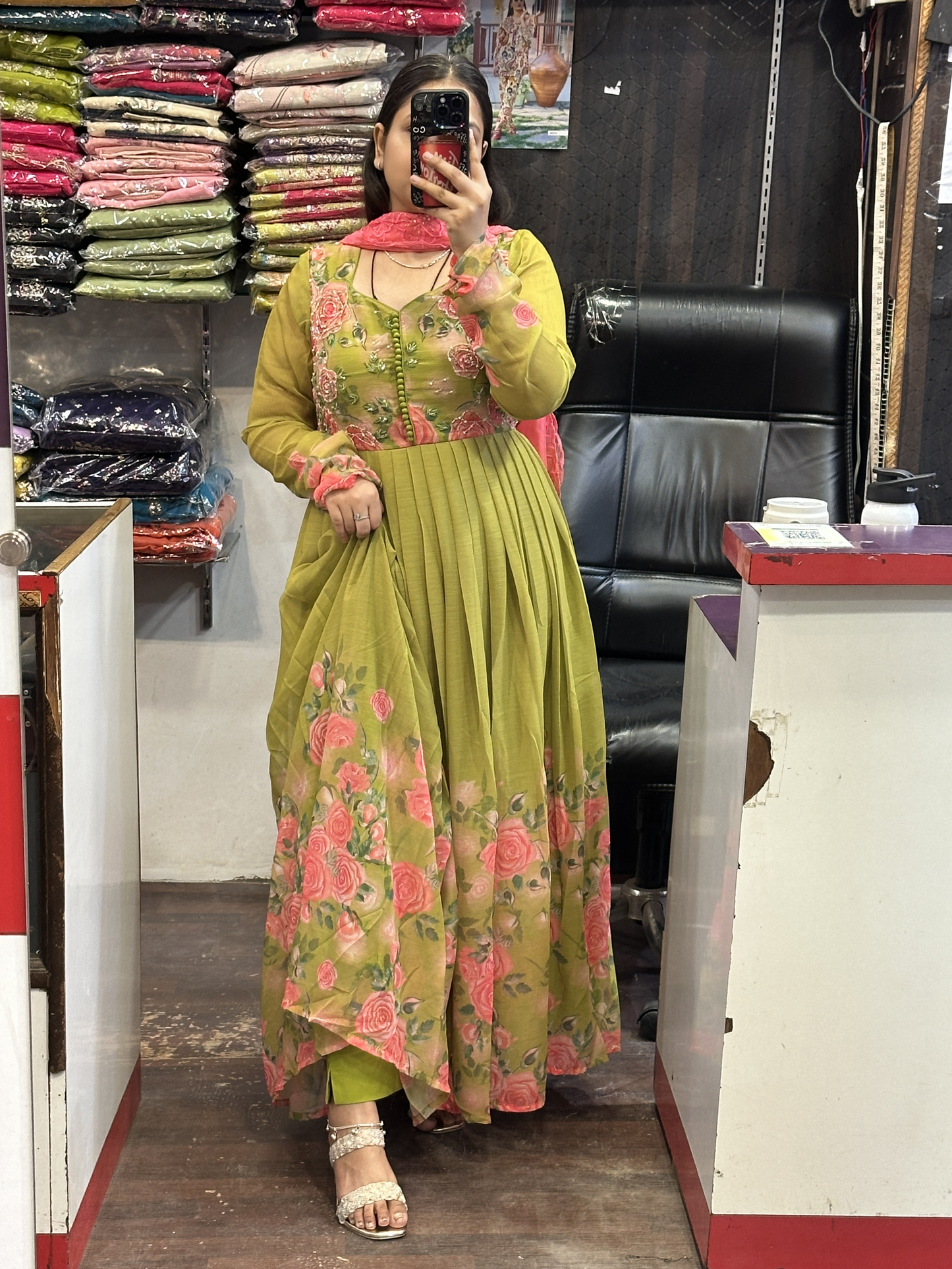 Green Soft Chiffon Floral Print Full Flair Anarkali Suit with Hand Embroidery Work on Neck & Contrast Embroidered Organza Dupatta