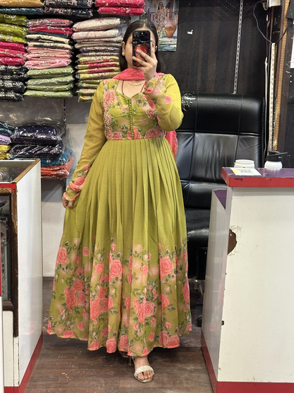 Green Soft Chiffon Floral Print Full Flair Anarkali Suit with Hand Embroidery Work on Neck & Contrast Embroidered Organza Dupatta