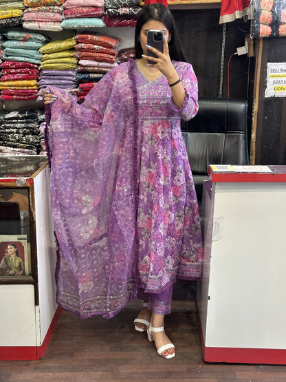 Purple Angrakha Embroidery Anarkali Suit in Cotton With Lining And Organza Dupatta