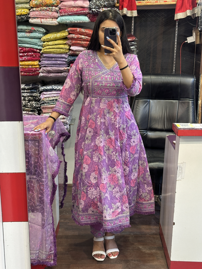 Purple Angrakha Embroidery Anarkali Suit in Cotton With Lining And Organza Dupatta