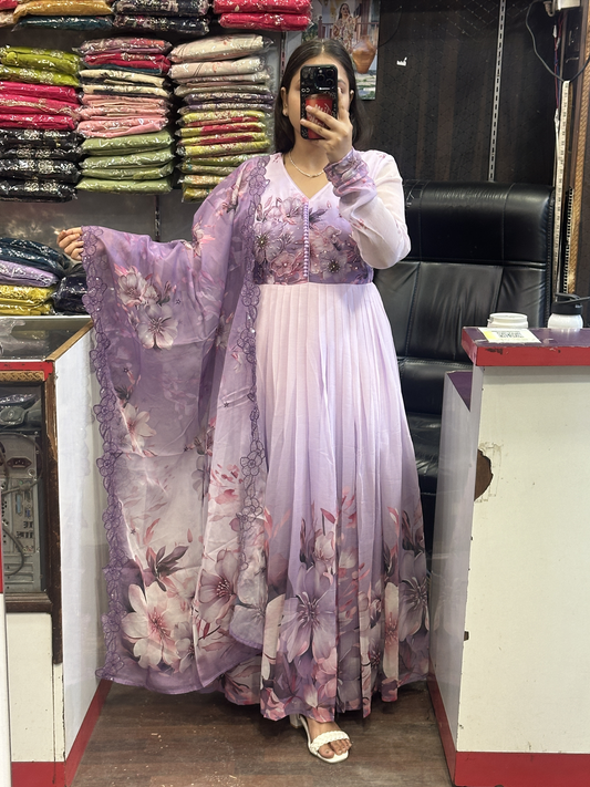 Cream & Lavender Soft Chiffon Floral Print Full Flair Anarkali Suit with Hand Embroidery Work on Neck & Embroidered Organza Dupatta