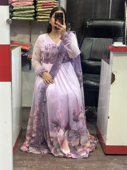 Cream & Lavender Soft Chiffon Floral Print Full Flair Anarkali Suit with Hand Embroidery Work on Neck & Embroidered Organza Dupatta