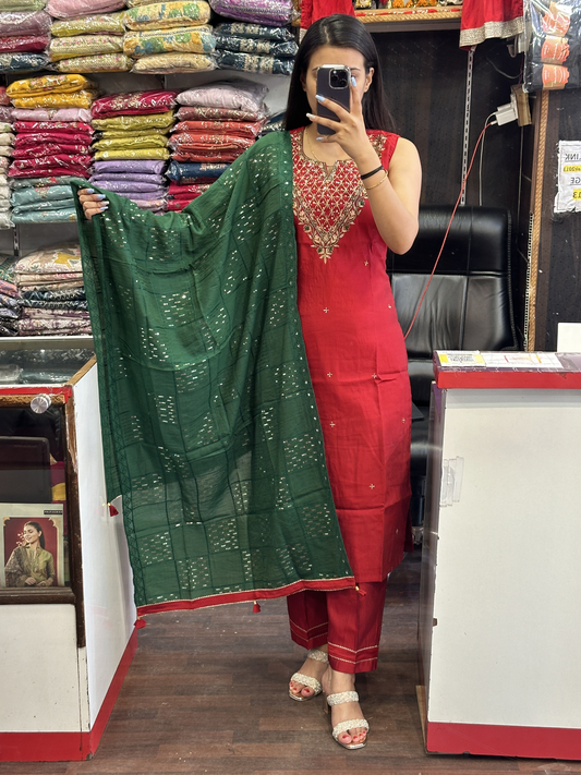 Red Muslin Handwork Pant Suit with Lining And Sequence Work Dupatta