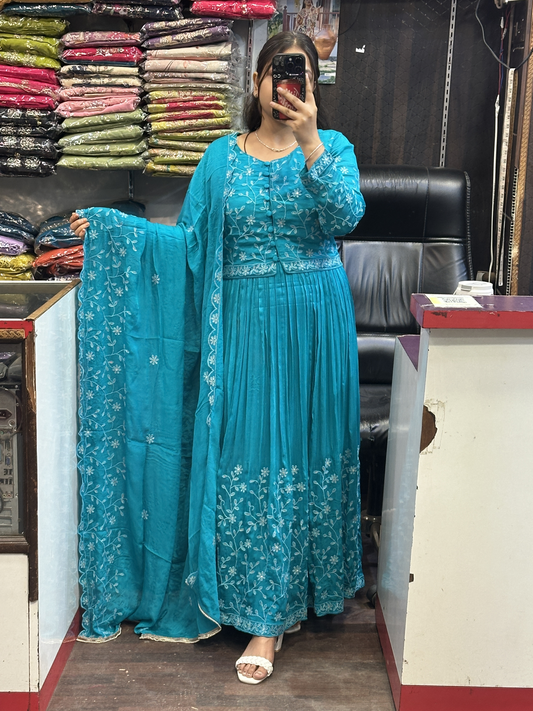 Skyblue Shade Chinnon Embroidered Full Flair Anarkali Suit with Embroidered Detachable Jacket and Pant with Full Embroidered Chinnon Dupatta