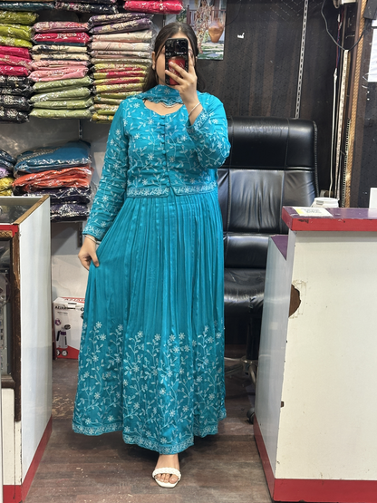 Skyblue Shade Chinnon Embroidered Full Flair Anarkali Suit with Embroidered Detachable Jacket and Pant with Full Embroidered Chinnon Dupatta