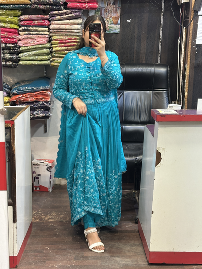 Skyblue Shade Chinnon Embroidered Full Flair Anarkali Suit with Embroidered Detachable Jacket and Pant with Full Embroidered Chinnon Dupatta