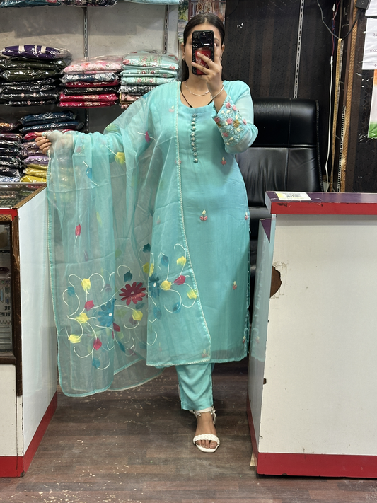 Hot Selling Organza Designer Suit with Handwork Sleeves with Pant and Full Brush Paint Organza Dupatta