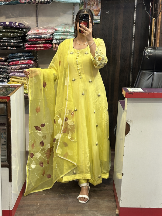 Nyon Green Organza Designer Anarkali Dress with Handwork Sleeves with Pant and Full Brush Paint Organza Dupatta