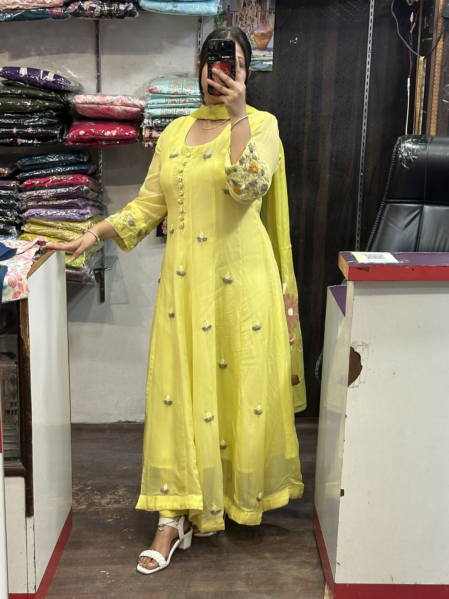 Nyon Green Organza Designer Anarkali Dress with Handwork Sleeves with Pant and Full Brush Paint Organza Dupatta
