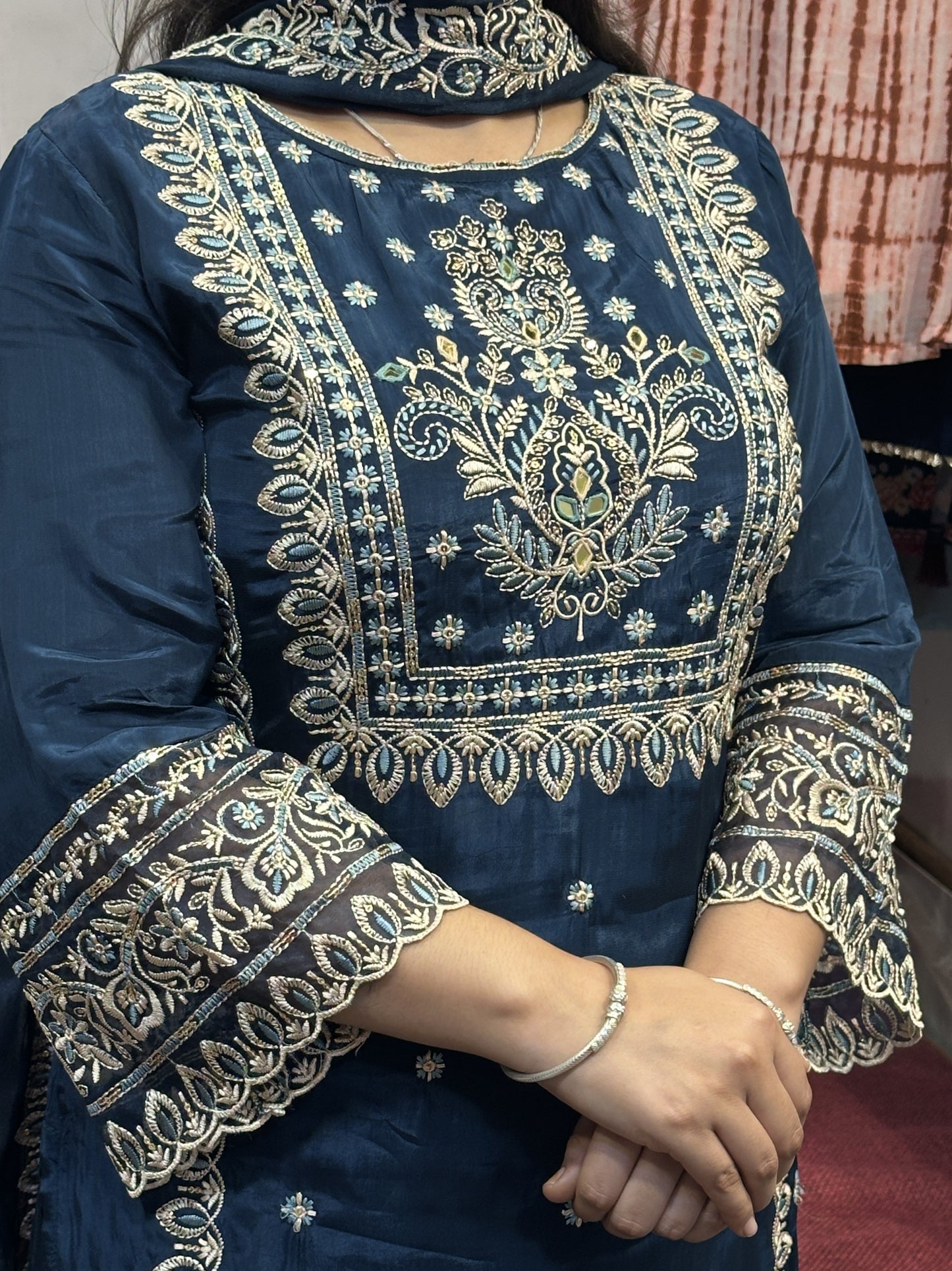 Peacock Blue Premium Pure Chinnon Embroidered Pakistani Suit with Designer Sleeves and Embroidered Plazo Along Side Full Pure Chinnon Embroidered Dupatta