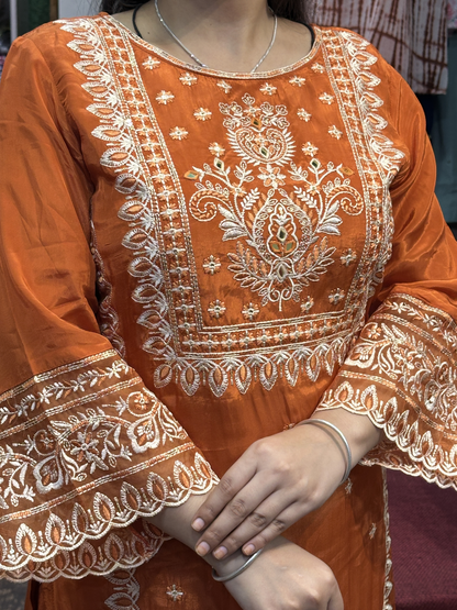 Rust Premium Pure Chinnon Embroidered Pakistani Suit with Designer Sleeves and Embroidered Plazo Along Side Full Pure Chinnon Embroidered Dupatta