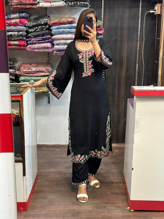 Beautiful Ryon Cut Work black designer handwork suit with dupatta