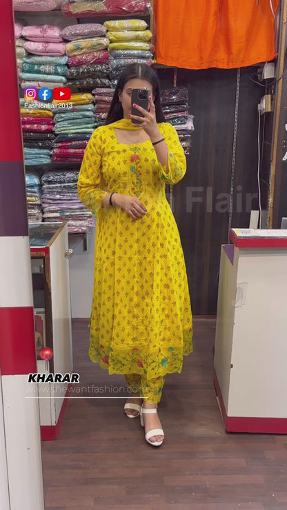 Yellow Printed Pure Cotton Embroided Anarkali Suit With Designer Pant And Chiffon Dupatta