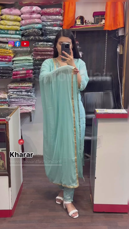 Aqua Dark Green V Neck Hand Work Organza Pakistani Suit With Lining & Organza Embroidery Dupatta